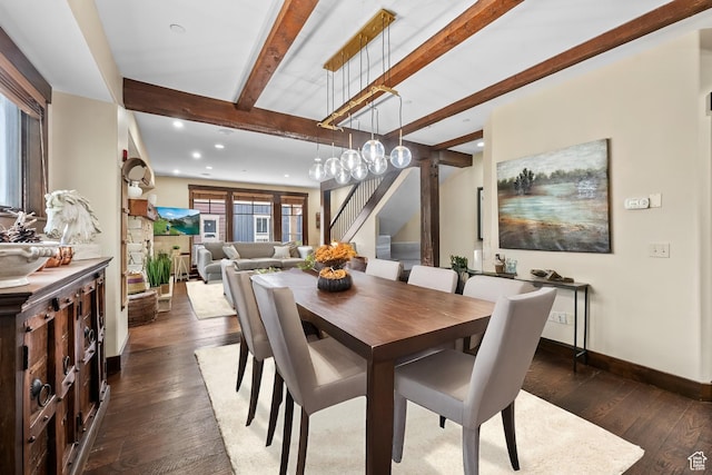 dining room featuring baseboards, dark wood finished floors, beamed ceiling, stairway, and recessed lighting
