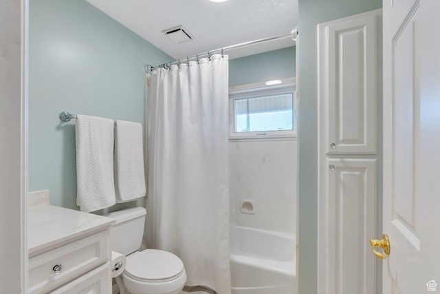 full bathroom featuring visible vents, toilet, vanity, shower / tub combo, and a textured ceiling
