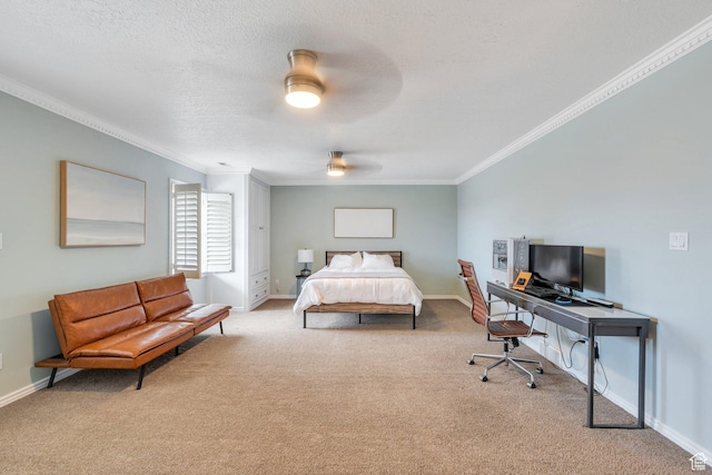 bedroom featuring a textured ceiling, carpet, and ornamental molding