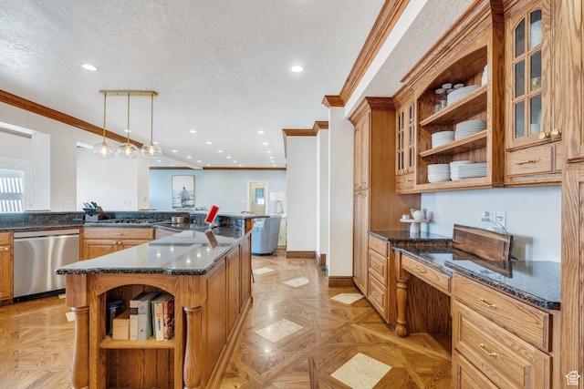 kitchen with dishwasher, a textured ceiling, crown molding, and open shelves