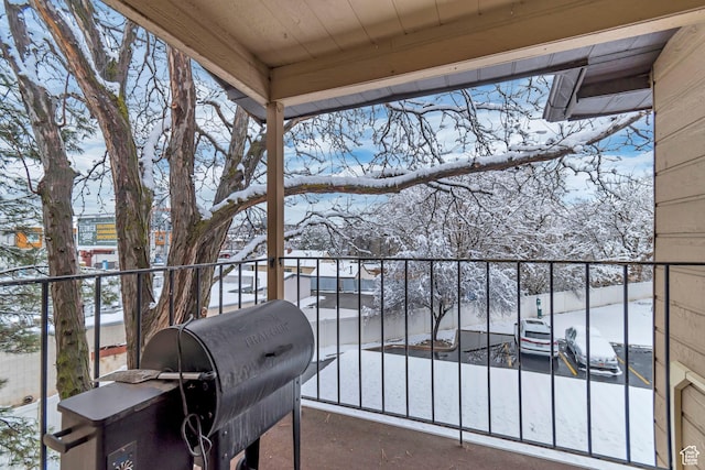 snow covered back of property with area for grilling
