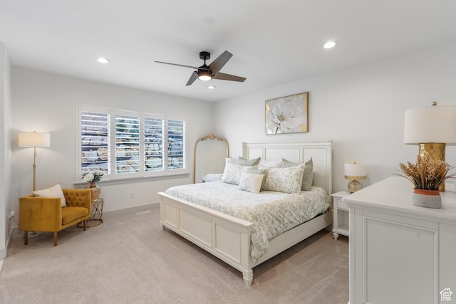 14653 S Annika Run Dr Unit 17, Herriman, UT 84096 - bedroom featuring recessed lighting, light colored carpet, baseboards, and ceiling fan