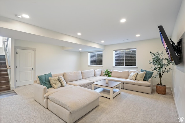 14653 S Annika Run Dr Unit 17, Herriman, UT 84096 - carpeted living area featuring visible vents, recessed lighting, stairs, and baseboards
