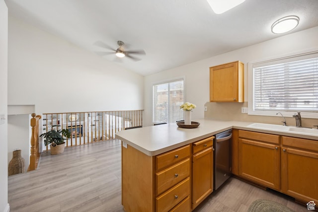 696 W 1275 N, Farmington, UT 84025 - kitchen with dishwasher, ceiling fan, a peninsula, a sink, and light countertops