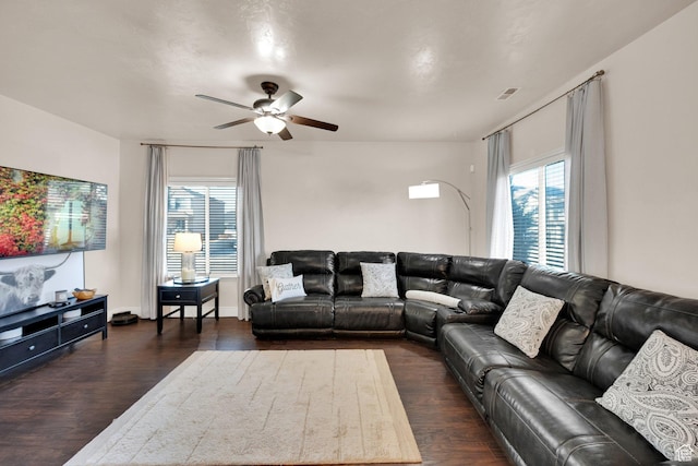 8813 S Bornite Rd, West Jordan, UT 84081 - living room with visible vents, ceiling fan, and dark wood-style flooring