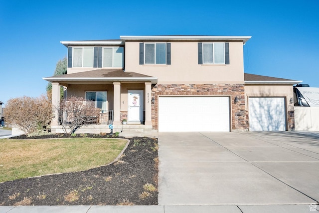 view of front of home with driveway, covered porch, stucco siding, stone siding, and a garage