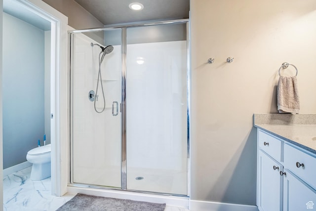 5731 W Osprey Dr, Stansbury Park, UT 84074 - full bath with a stall shower, vanity, toilet, marble look tile flooring, and baseboards