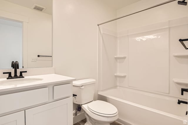 full bath featuring vanity, visible vents, toilet, and tub / shower combination