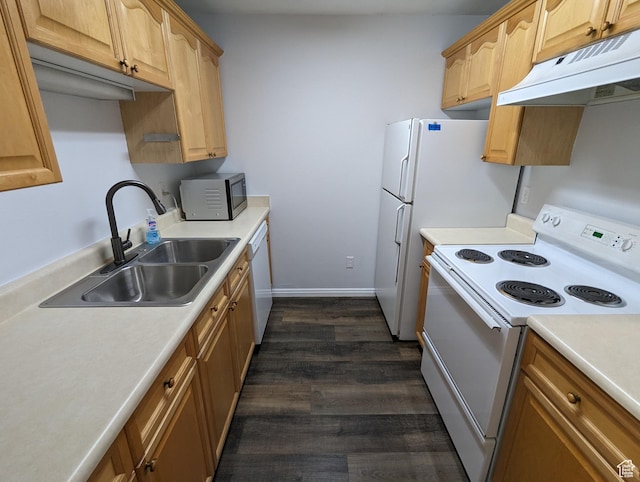 577 N 100 W Unit 102, Provo, UT 84601 - kitchen featuring light countertops, white appliances, dark wood-style flooring, under cabinet range hood, and a sink