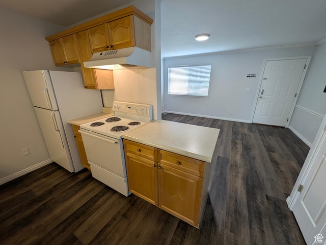 577 N 100 W Unit 102, Provo, UT 84601 - kitchen with light countertops, a peninsula, white appliances, under cabinet range hood, and dark wood-style floors