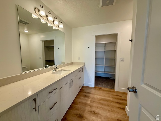 3366 S 1010 W, Nibley, UT 84321 - bathroom featuring visible vents, a textured ceiling, vanity, and wood finished floors