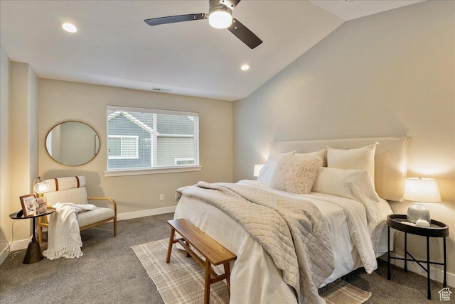 4089 W 1700 N Unit 618, Lehi, UT 84043 - carpeted bedroom featuring visible vents, baseboards, lofted ceiling, recessed lighting, and a ceiling fan
