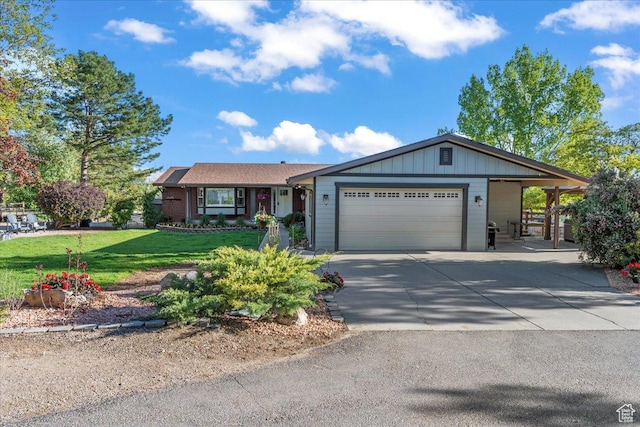 ranch-style house with a garage, concrete driveway, and a front yard