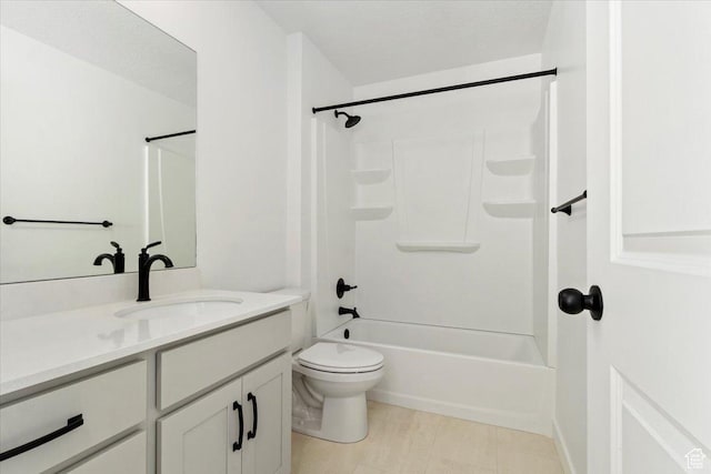 bathroom featuring vanity, toilet, tile patterned flooring, and shower / bathtub combination