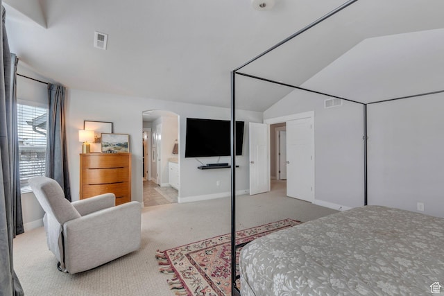 11702 S Water Brook Ct, South Jordan, UT 84095 - carpeted bedroom with arched walkways, visible vents, and vaulted ceiling