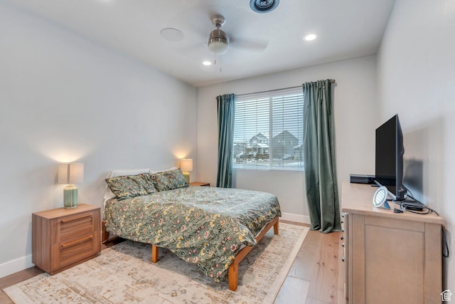 11702 S Water Brook Ct, South Jordan, UT 84095 - bedroom featuring light wood-style flooring, recessed lighting, baseboards, and ceiling fan
