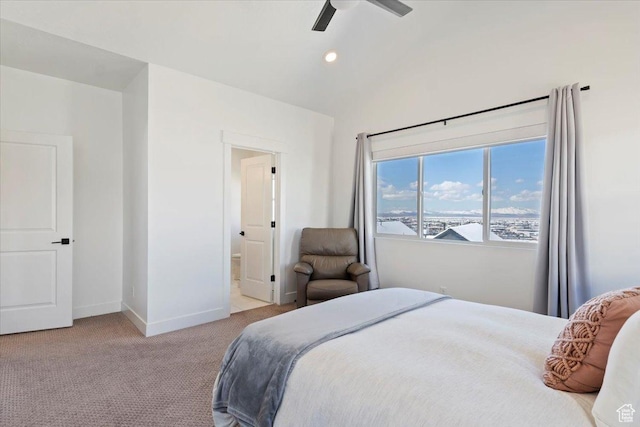 51 E Vantage Dr, North Salt Lake, UT 84054 - carpeted bedroom with baseboards, recessed lighting, a ceiling fan, ensuite bathroom, and lofted ceiling