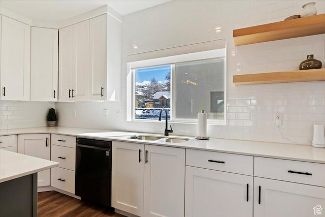 51 E Vantage Dr, North Salt Lake, UT 84054 - kitchen with dishwasher, a sink, open shelves, white cabinets, and tasteful backsplash
