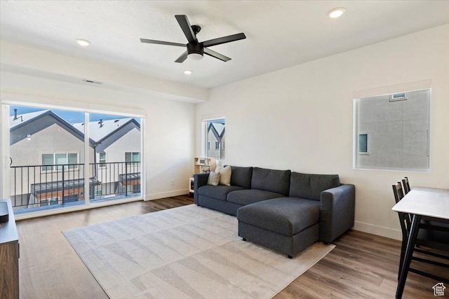 51 E Vantage Dr, North Salt Lake, UT 84054 - living room featuring a ceiling fan, baseboards, wood finished floors, and recessed lighting