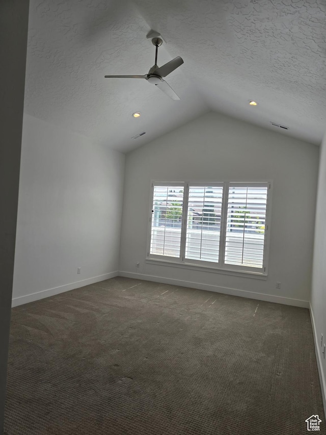 10717 S Haven Vista Dr, South Jordan, UT 84095 - spare room featuring lofted ceiling, carpet, a ceiling fan, and a textured ceiling