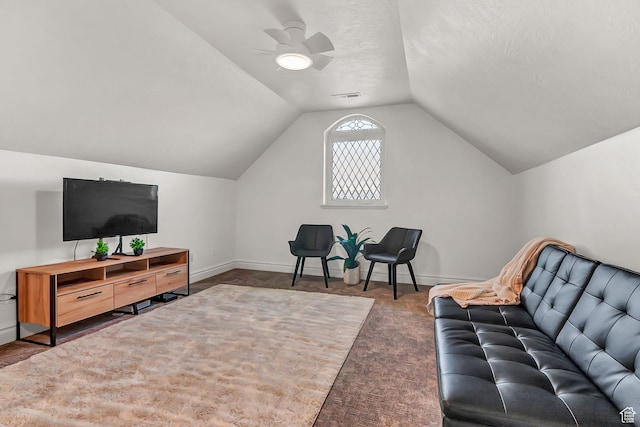 3857 S Windlass Rd W, Saratoga Springs, UT 84045 - living area with visible vents, baseboards, ceiling fan, and vaulted ceiling