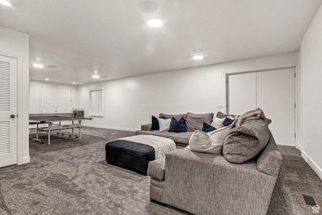 3857 S Windlass Rd W, Saratoga Springs, UT 84045 - living room with visible vents, recessed lighting, baseboards, and dark carpet