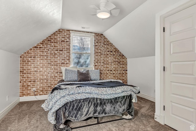 3857 S Windlass Rd W, Saratoga Springs, UT 84045 - bedroom featuring a ceiling fan, brick wall, vaulted ceiling, baseboards, and carpet floors