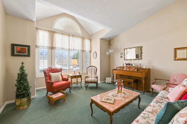 carpeted living room featuring baseboards and lofted ceiling