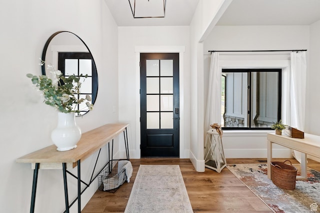 entryway featuring baseboards and wood finished floors
