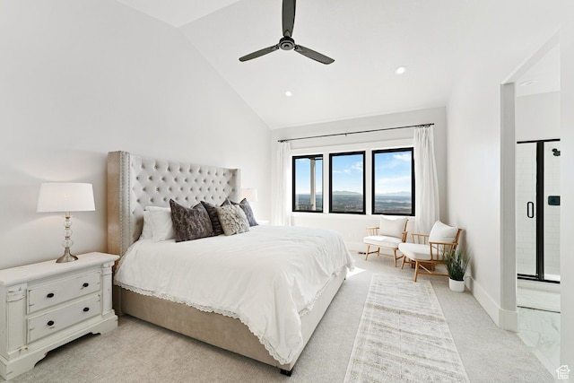 bedroom with a ceiling fan, recessed lighting, baseboards, light colored carpet, and vaulted ceiling