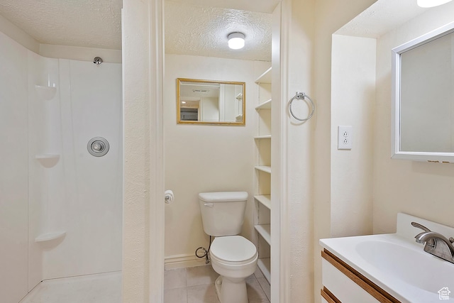 full bathroom featuring a textured ceiling, walk in shower, tile patterned flooring, and toilet