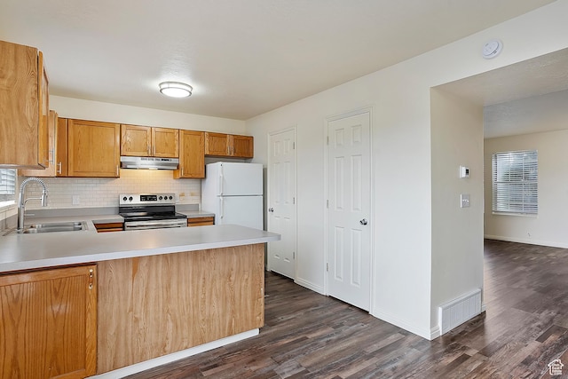 kitchen with visible vents, stainless steel electric stove, freestanding refrigerator, a sink, and under cabinet range hood