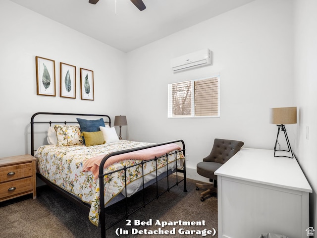 bedroom featuring carpet flooring, a wall unit AC, and a ceiling fan