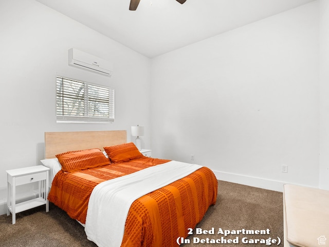 bedroom with baseboards, carpet floors, a wall unit AC, and a ceiling fan