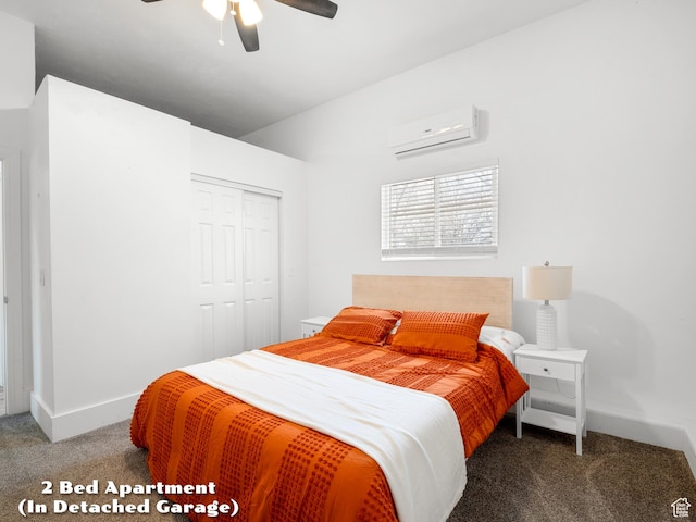 bedroom featuring a closet, a wall mounted AC, carpet flooring, baseboards, and a ceiling fan