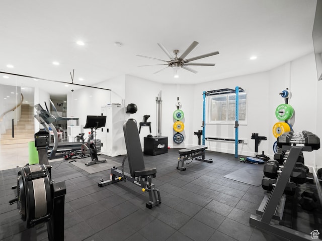 workout area featuring recessed lighting and a ceiling fan