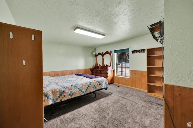 600 E 200 N, Mount Pleasant, UT 84647 - bedroom with wooden walls, wainscoting, a textured ceiling, and carpet