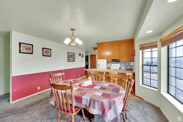 600 E 200 N, Mount Pleasant, UT 84647 - dining room featuring a textured ceiling, carpet, an inviting chandelier, a toaster, and baseboards