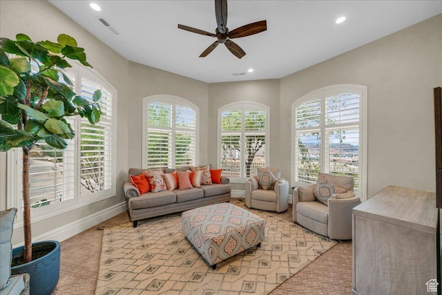 2255 S Hill Rd Unit 14, St George, UT 84790 - living room with recessed lighting, a ceiling fan, visible vents, and a healthy amount of sunlight