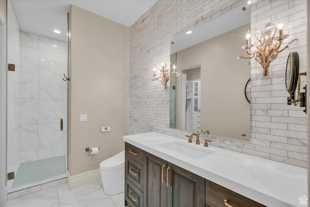2255 S Hill Rd Unit 14, St George, UT 84790 - full bathroom featuring a shower stall, toilet, a notable chandelier, marble finish floor, and vanity