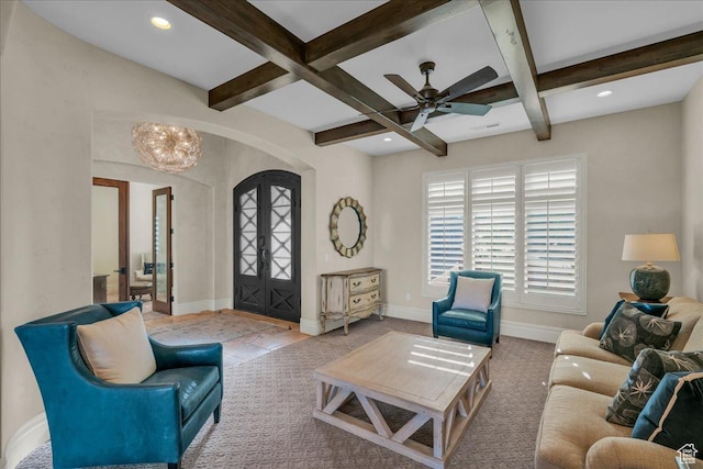 2255 S Hill Rd Unit 14, St George, UT 84790 - living area with beam ceiling, coffered ceiling, recessed lighting, arched walkways, and baseboards