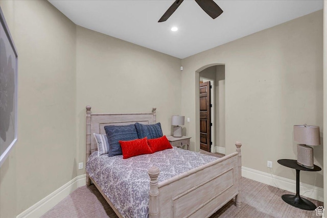 2255 S Hill Rd Unit 14, St George, UT 84790 - bedroom featuring a ceiling fan, recessed lighting, arched walkways, carpet, and baseboards
