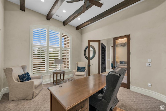 2255 S Hill Rd Unit 14, St George, UT 84790 - office space featuring visible vents, beam ceiling, a ceiling fan, carpet flooring, and baseboards
