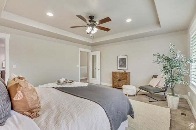 1879 E Tickville Cir, Eagle Mountain, UT 84005 - bedroom featuring ceiling fan, baseboards, a tray ceiling, and recessed lighting