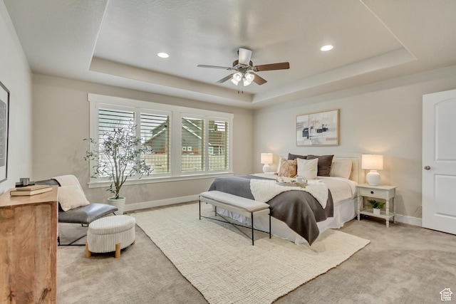 1879 E Tickville Cir, Eagle Mountain, UT 84005 - bedroom featuring recessed lighting, a raised ceiling, a ceiling fan, light carpet, and baseboards