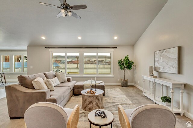 1879 E Tickville Cir, Eagle Mountain, UT 84005 - living room featuring ceiling fan, baseboards, and recessed lighting