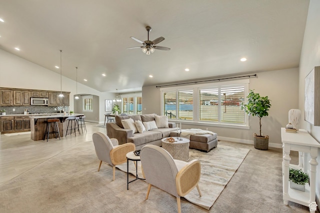 1879 E Tickville Cir, Eagle Mountain, UT 84005 - living room featuring ceiling fan, vaulted ceiling, baseboards, and recessed lighting