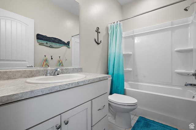 full bath with shower / bath combo with shower curtain, toilet, tile patterned flooring, and vanity