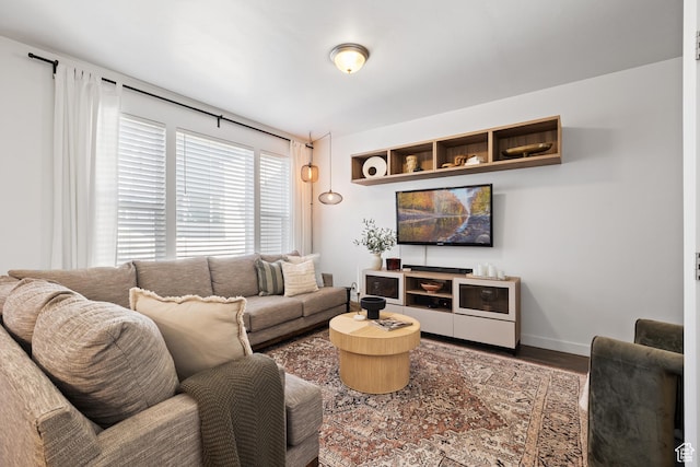 living room with baseboards and wood finished floors