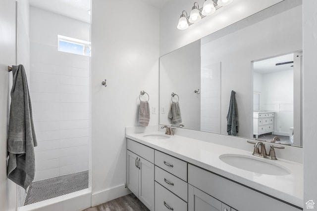 671 W 660 S, Tooele, UT 84074 - bathroom featuring tiled shower, wood finished floors, double vanity, and a sink